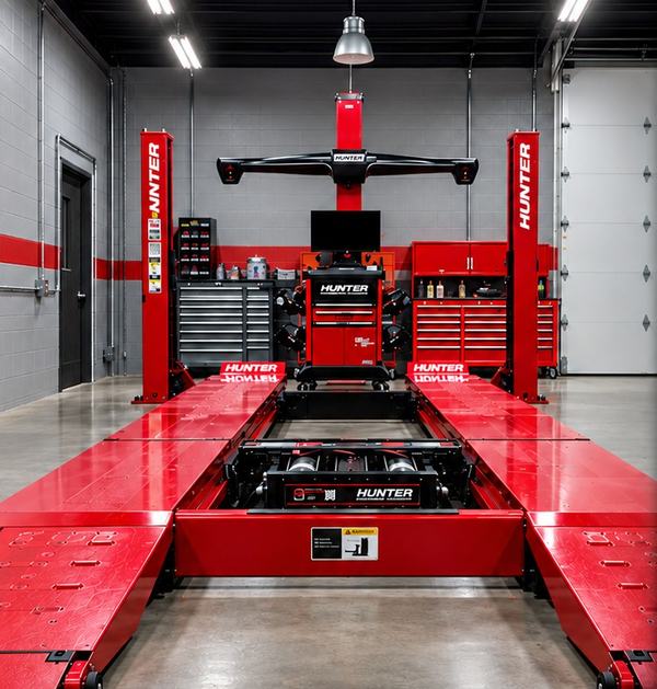 Hunter Hawkeye alignment rack in the Pfeiffer Auto Clinic shop