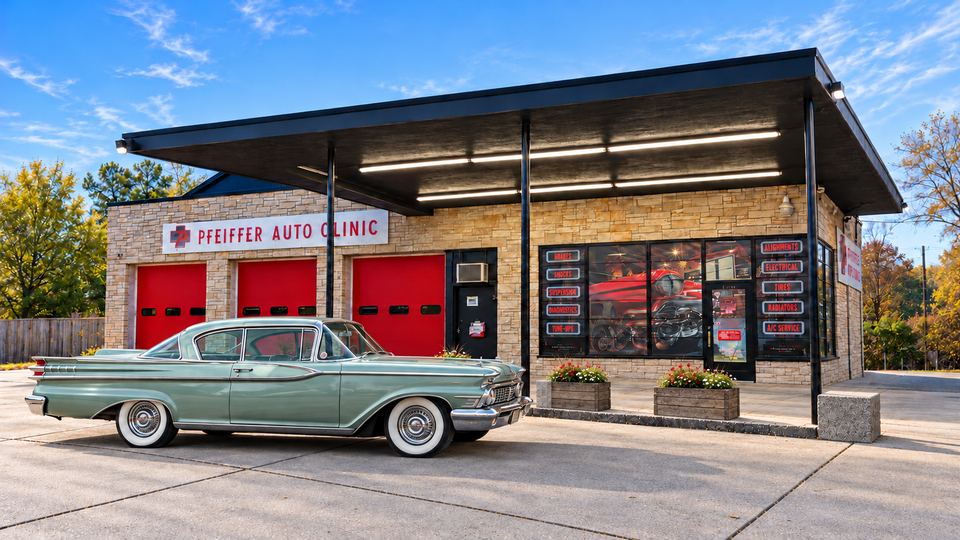 A vintage Mercury parked in front of Pfeiffer Auto Clinic at 100 Sheridan Rd, Winthrop Harbor